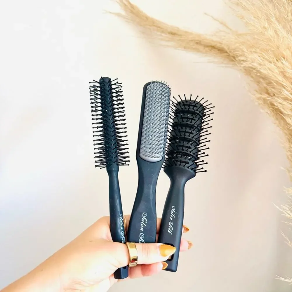 3 NEW SALON SILK Black Grey Round Vented Hairbrush Bundle Styling Tool Set